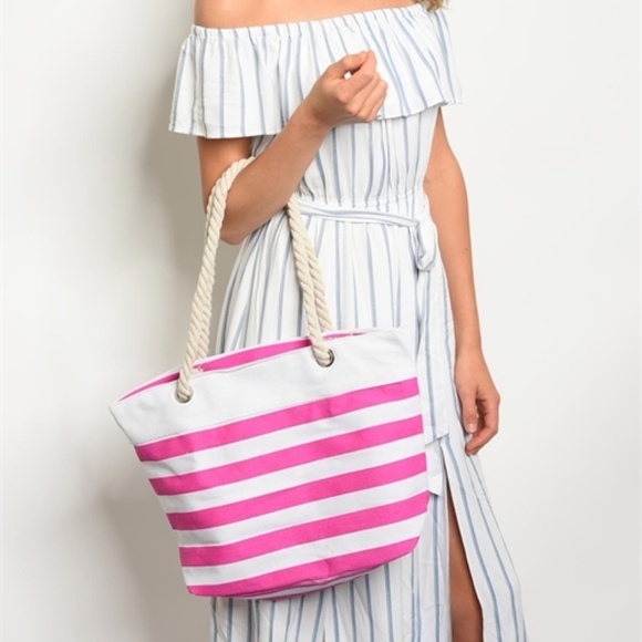 BEACH BUM ROPE & CANVAS STRIPED TOTE (PINK) - Picture 3 of 5